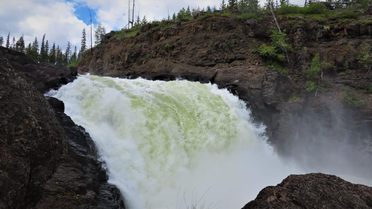 Powerful waterfall crashing down rugged rocks with forest in the background.