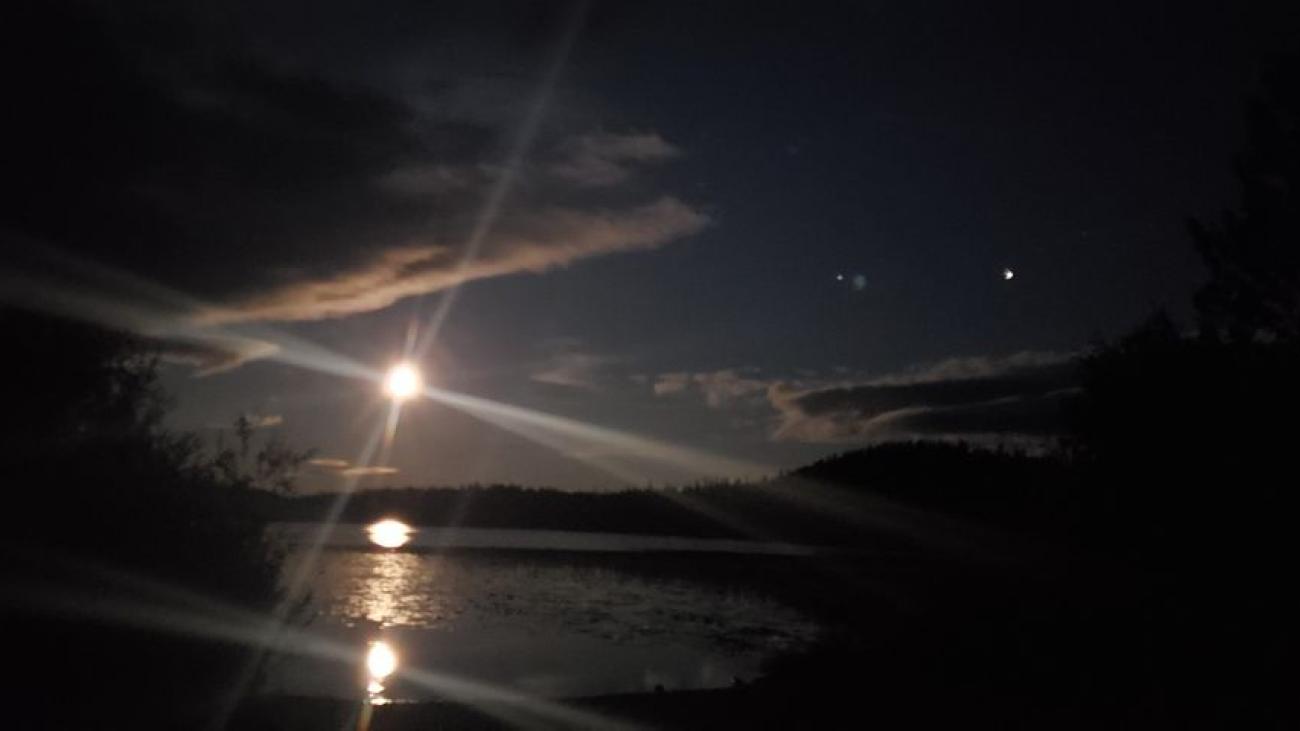Peaceful sunrise lighting up foggy lake near forest under scattered cloud patterns.