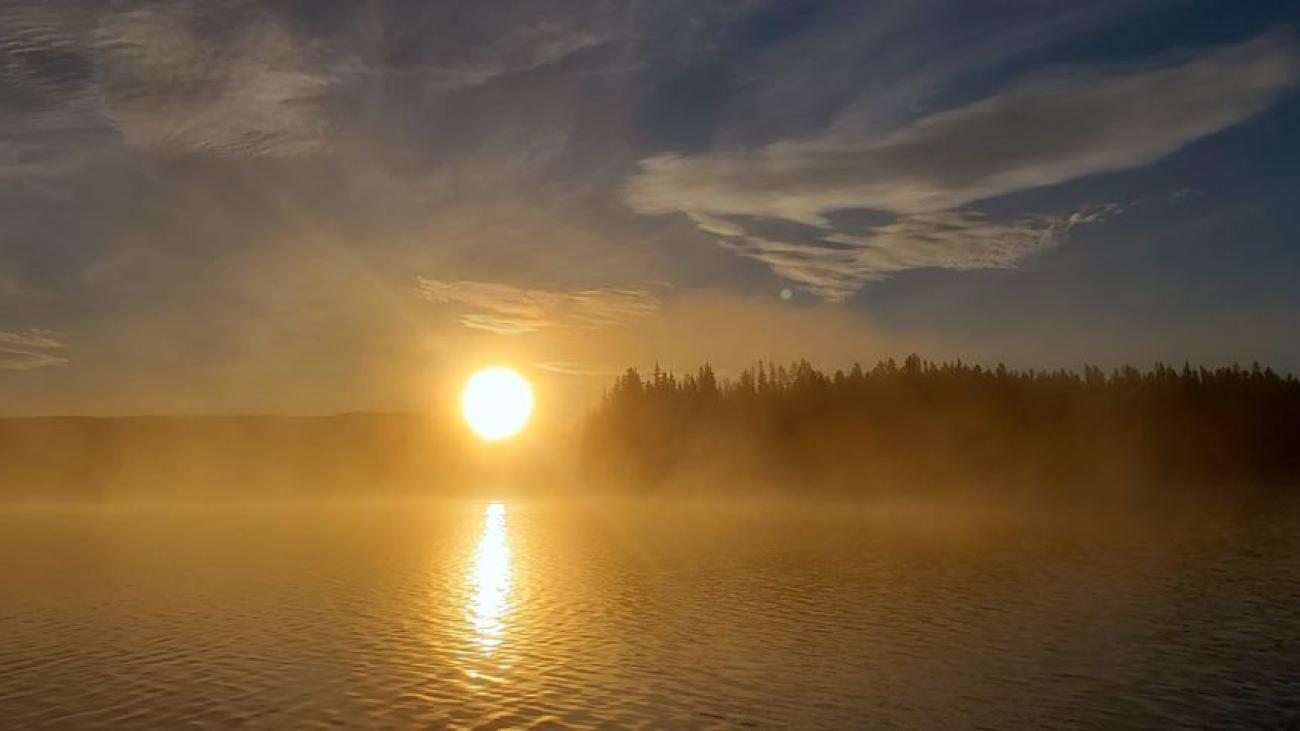 Golden sunrise over misty lake with silhouetted treeline and scattered morning clouds.