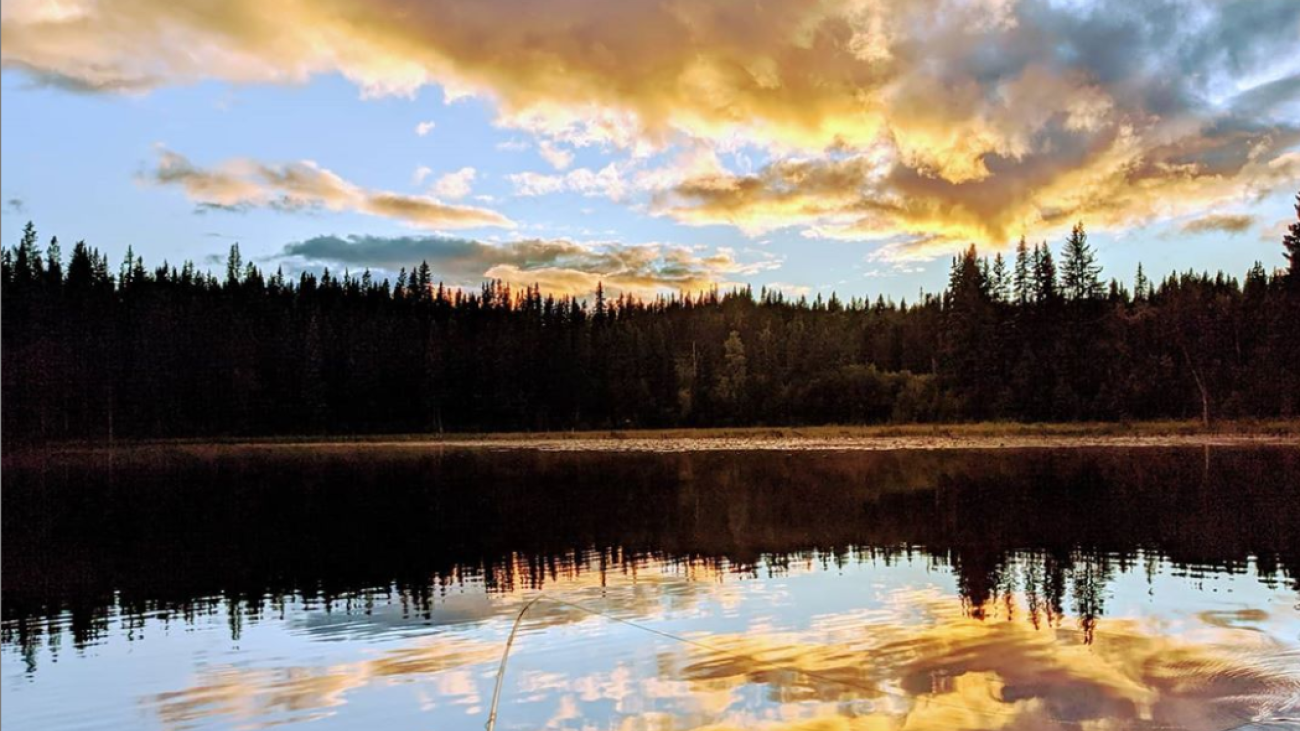 Vibrant sunset reflected on calm lake water with forest silhouette and fishing rod in view.