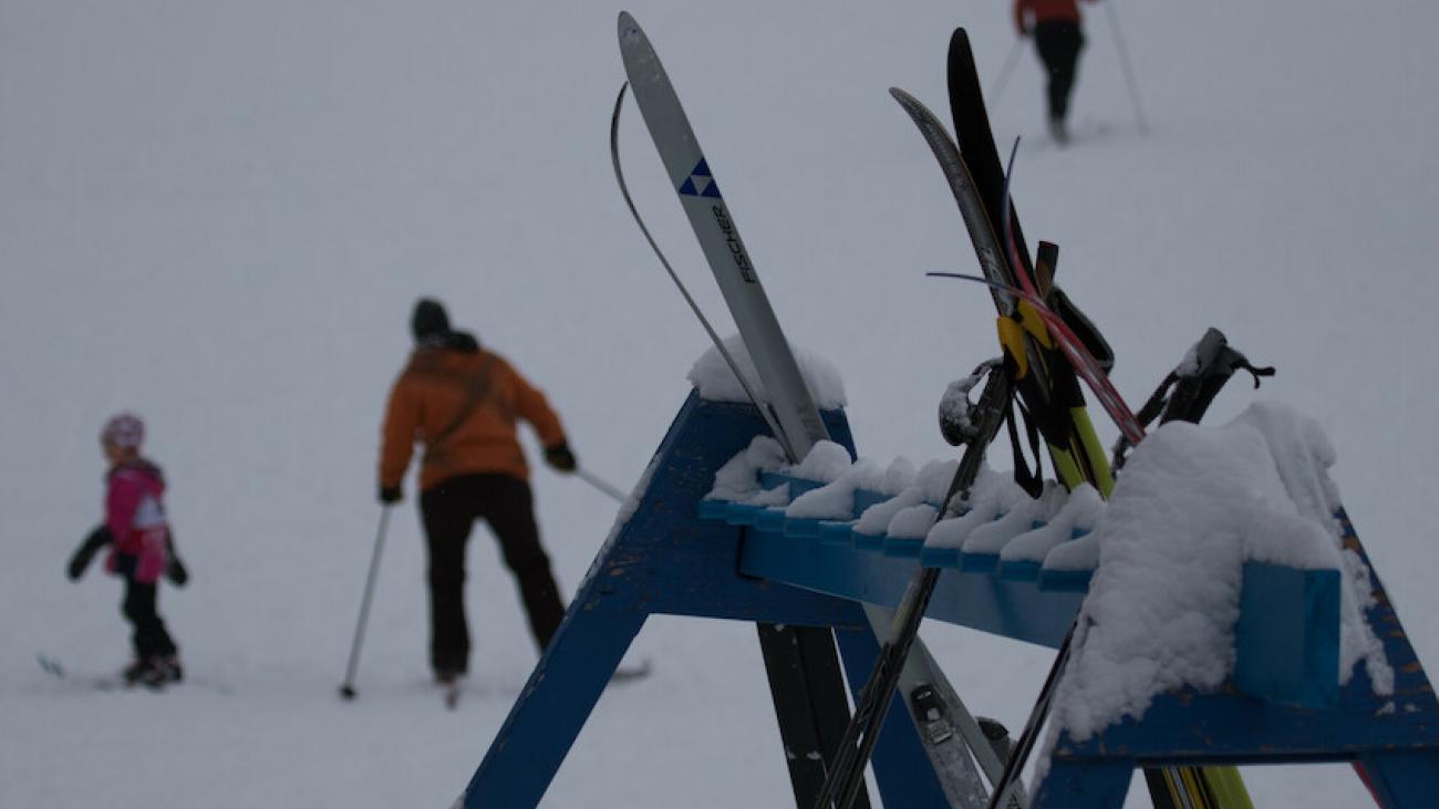 Skis in a snowy rack with skiers in the background on a winter trail.