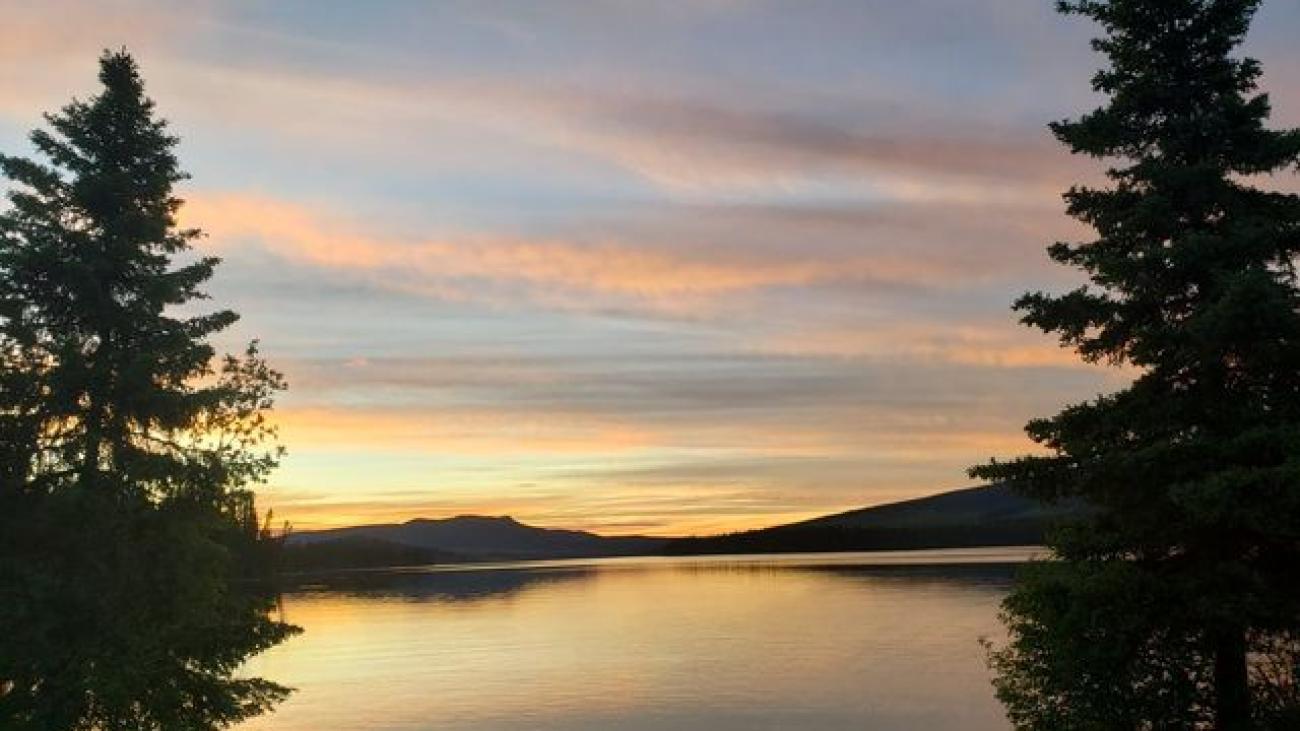 Peaceful mountain lake at sunset framed by tall evergreen trees.
