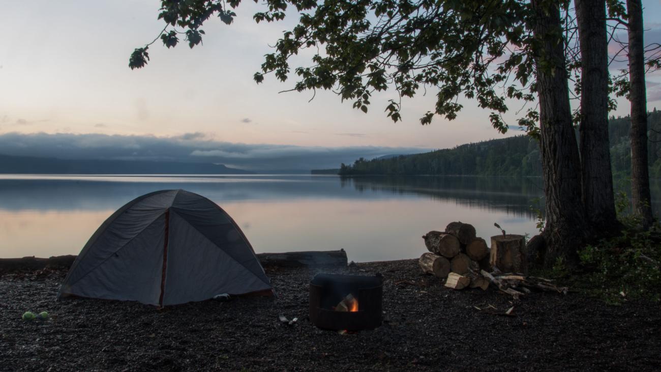 Tent and fire ring set up at a peaceful lakefront campsite surrounded by trees.
