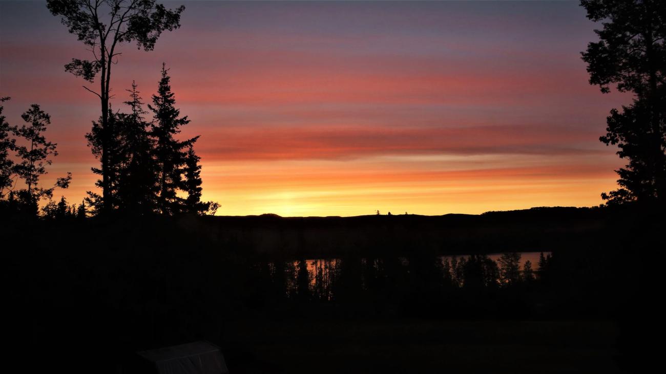 Silhouetted trees and hills under a colorful purple-orange sunset sky.