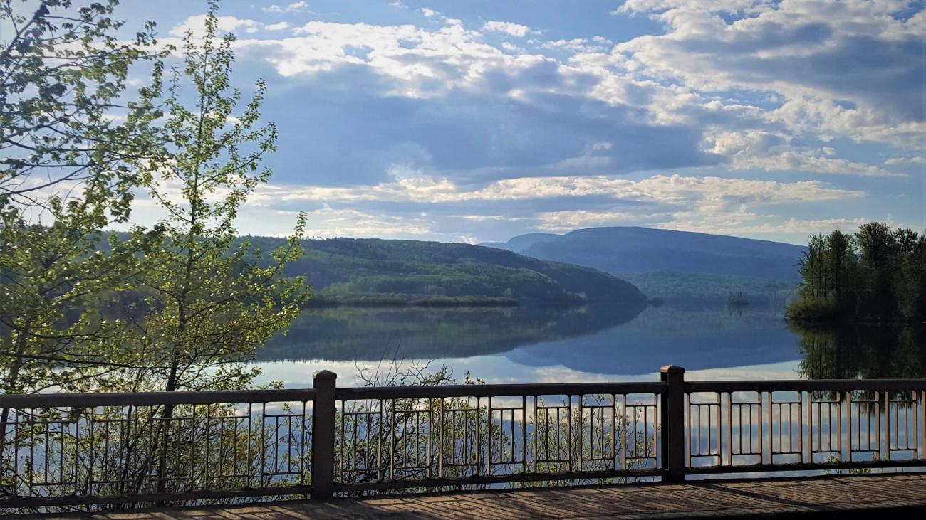 Wooden bridge and railings overlooking a calm, tree-lined lake and distant hills.