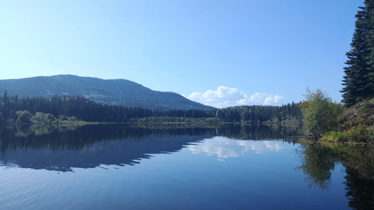 Clear blue lake reflecting pine-covered mountains under a cloudless sky.