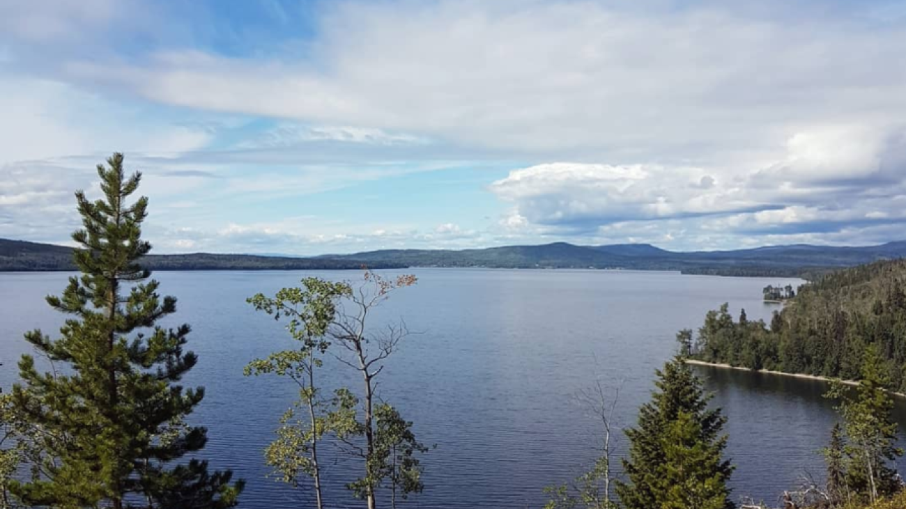 Scenic view of a large lake surrounded by forested hills under a blue sky with clouds.