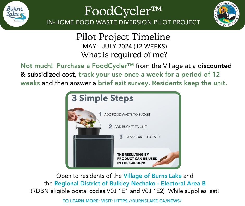 Poster for the 2024 FoodCycler™ pilot project offering subsidized food waste units to Burns Lake and Area B residents with simple 3-step use.