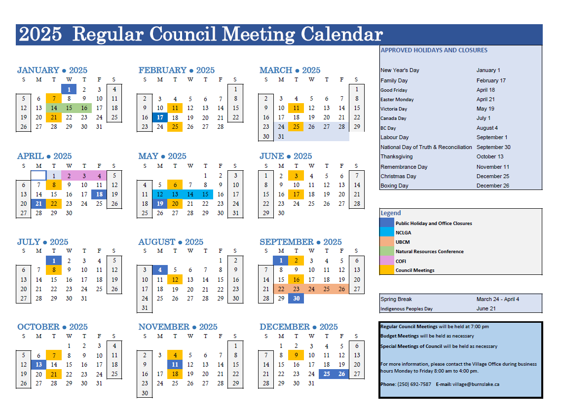 2025 regular council meeting calendar with holidays, closures, and color-coded events including public holidays, conferences, and council meetings.